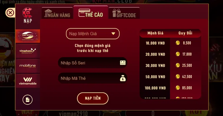 Nạp Tiền Bằng Thẻ Cào Tại ManClub Siêu Nhanh Chóng Để Bạn Tự Tin Chinh Phục Mọi Đỉnh Cao