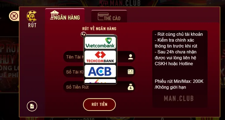 Quy Trình Rút Tiền Qua Ngân Hàng Tại ManClub Siêu Tốc Đảm Bảo An Toàn Tuyệt Đối Cho Mọi Game Thủ
